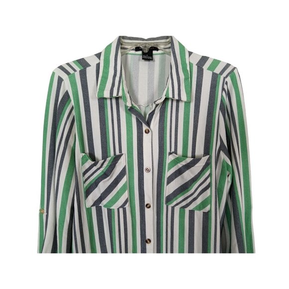 Robert Louis tab sleeve button‎ up green gray white stripe blouse size M - Picture 4 of 9